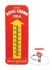 COLLECTION OF 2: DRINK ROYAL CROWN COLA THERMOMETER & DR. PEPPER HOT HEAT LAMP