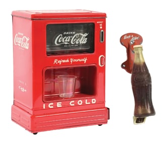 COLLECTION OF 2: COCA-COLA ICE COLD MINI COOLER AND BOTTLE DOOR HANDLE