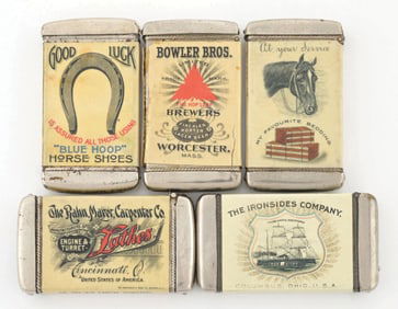 COLLECTION OF 5 CELLULOID WRAPPED MATCH SAFES