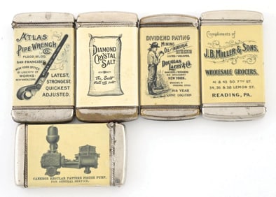 COLLECTION OF 5 CELLULOID WRAPPED MATCH SAFES