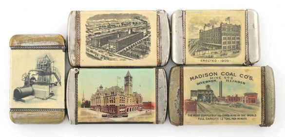 COLLECTION OF 5 CELLULOID WRAPPED MATCH SAFES