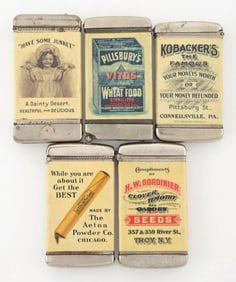 COLLECTION OF 5 CELLULOID WRAPPED MATCH SAFES