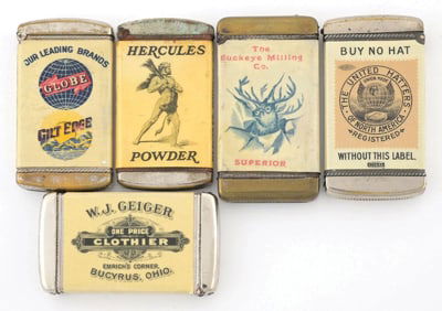 COLLECTION OF 5 CELLULOID WRAPPED MATCH SAFES