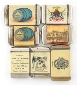 COLLECTION OF 7 VARIOUS CELLULOID WRAPPED MATCH SAFES