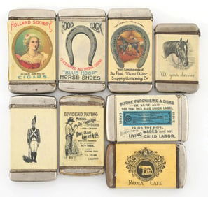 COLLECTION OF 8 CELLULOID MATCH SAFES