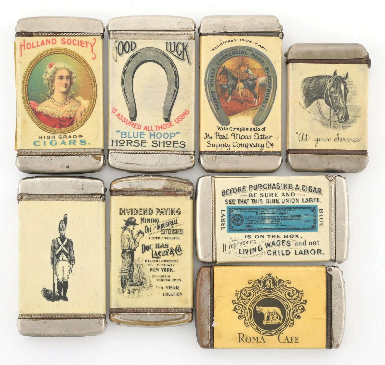 COLLECTION OF 8 CELLULOID MATCH SAFES (1 of 2)