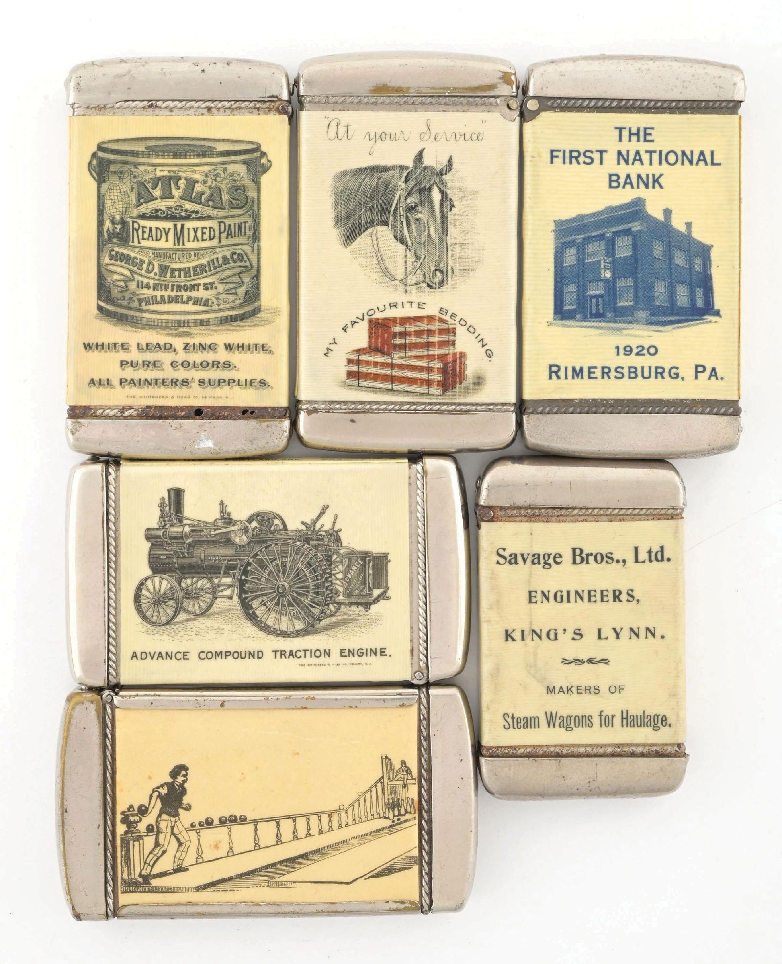 COLLECTION OF 6 CELLULOID-WRAPPED MATCH SAFES (1 of 2)