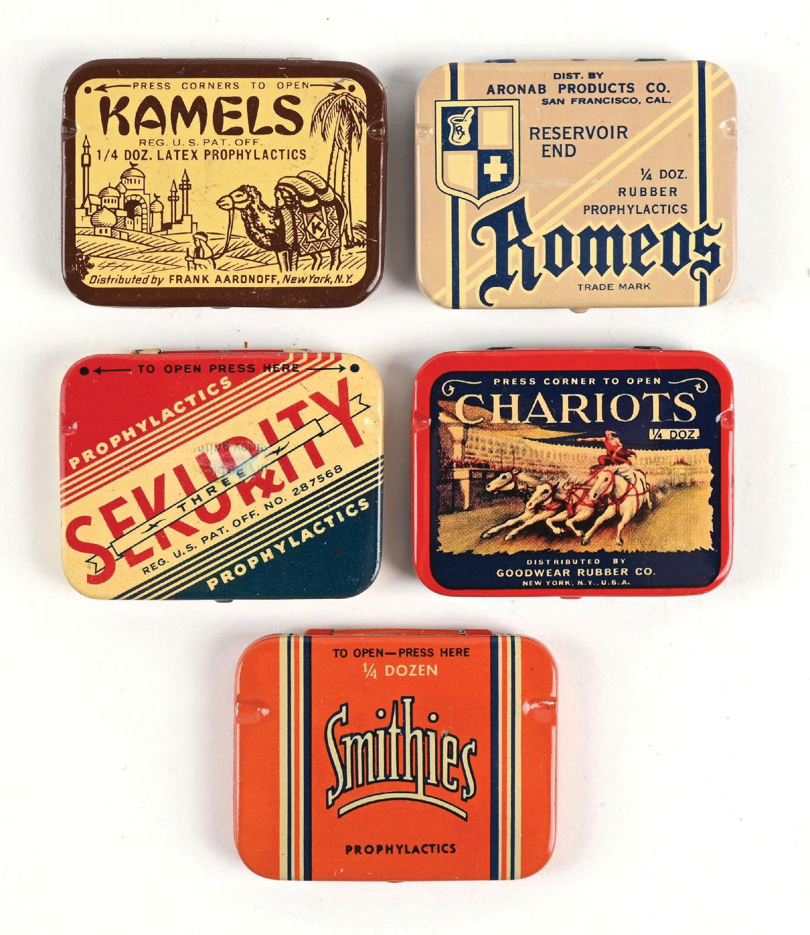 COLLECTION OF 5 CONDOM TINS (1 of 2)