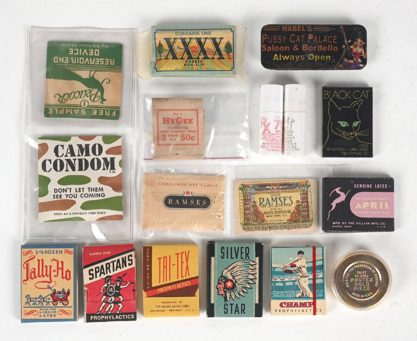 COLLECTION OF CONDOM CONTAINERS: A nice instant collection of condom containers and packaging, many of which are NOS. CONDITION: All are well preserved and remain clean. A few show yellowing to the packaging. Condition: (9.0). Dimens