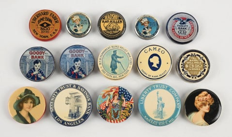COLLECTION OF 15 ADVERTISING POCKET BANKS, COMPACT POWDER MIRRORS & TINS