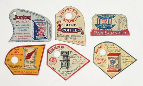 COLLECTION OF 6 VARIOUS ADVERTISING METAL PAN SCRAPERS