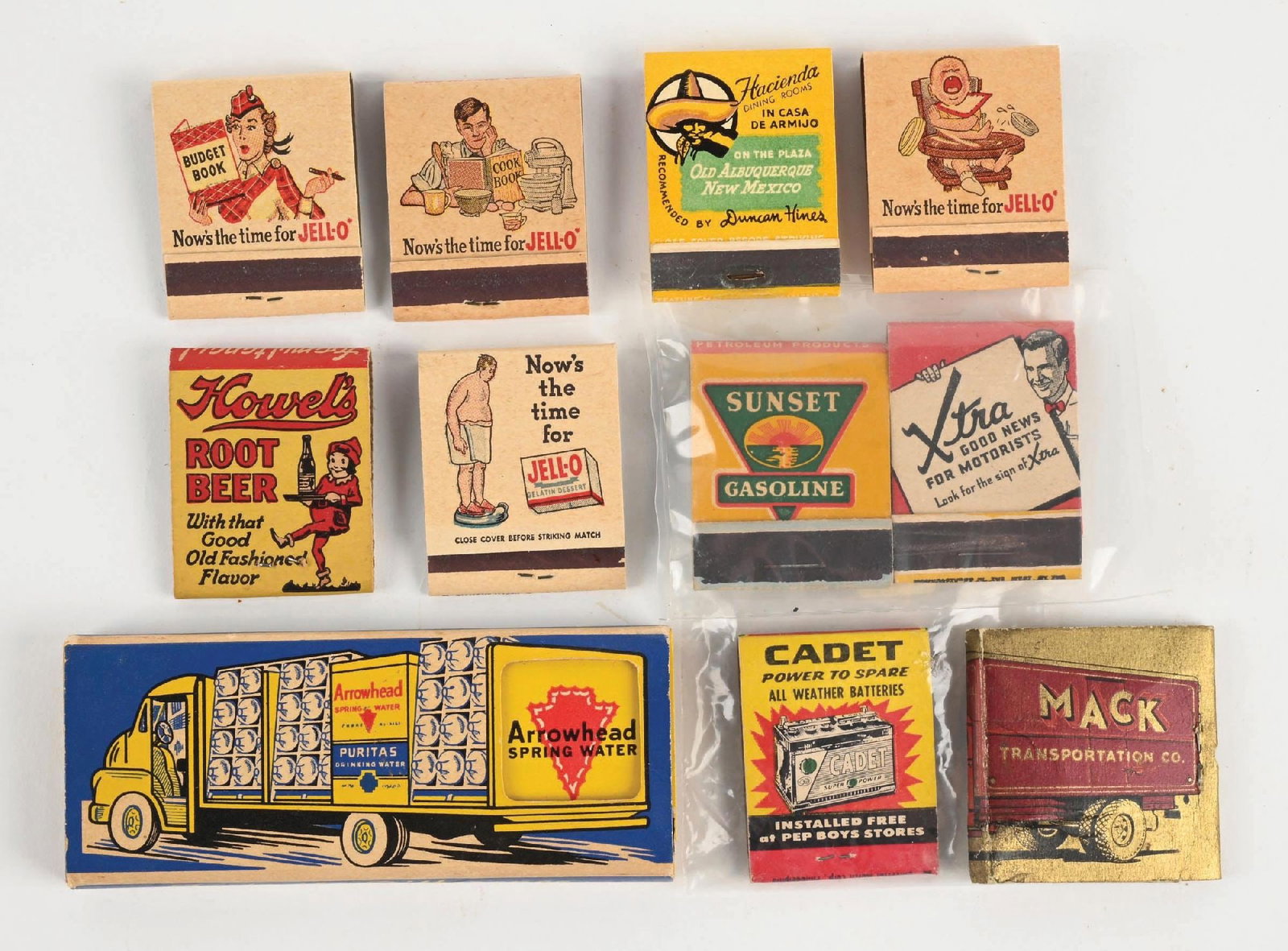 LOT OF 11 VARIOUS MATCHBOOKS: A good-looking collection of eleven matchbooks from various well-known brands. CONDITION: Some show yellowing to the paper, and others show mild edgewear. They display nicely and remain vibrant. Condi