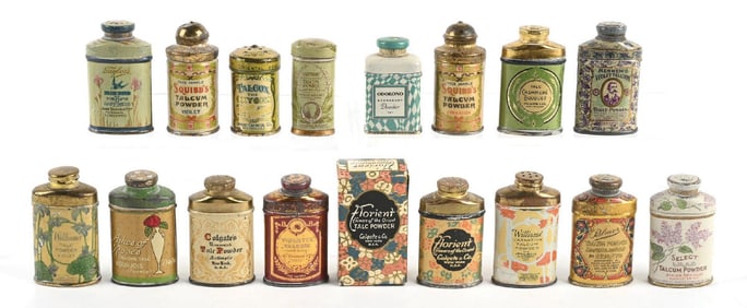 LARGE COLLECTION OF MINIATURE TALCUM POWDER TINS