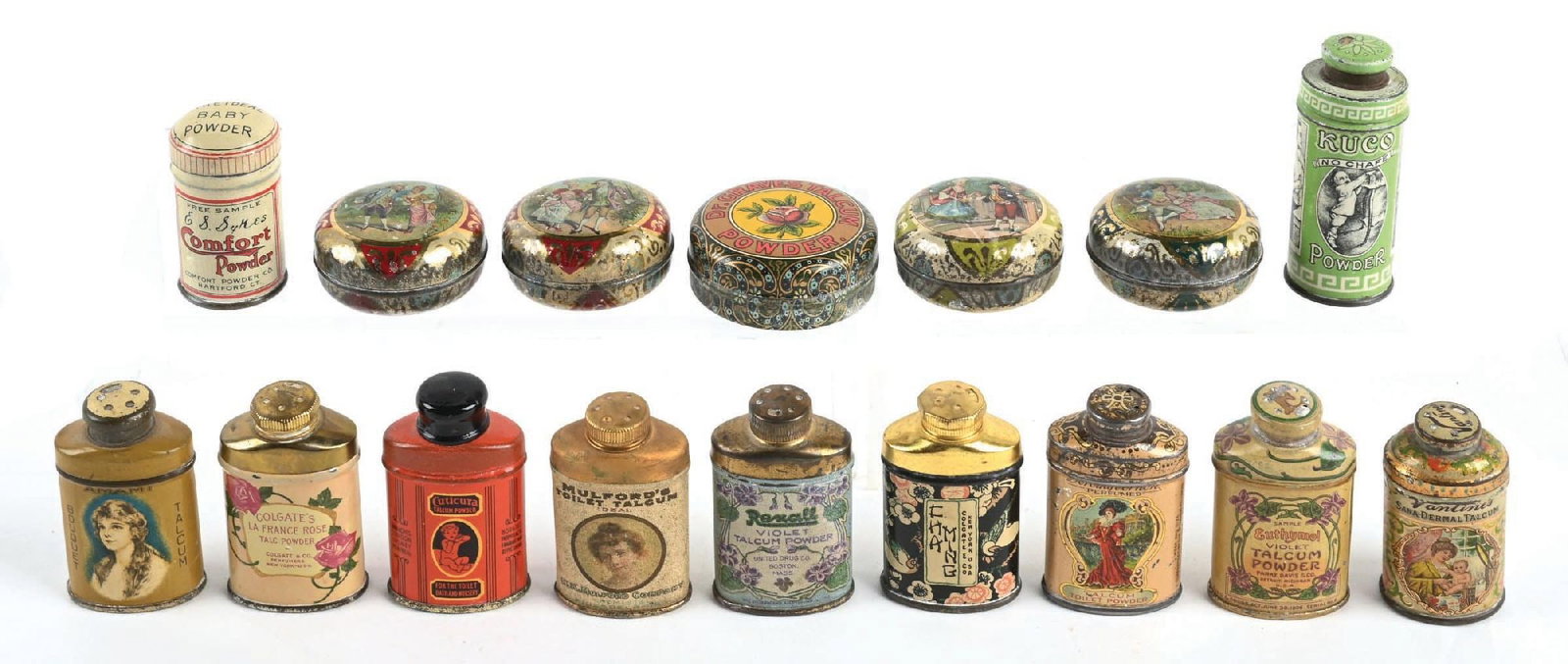LARGE COLLECTION OF MINIATURE TALCUM POWDER TINS: A wonderful collection of miniature talcum powder tins showing great lithographed graphics and color. CONDITION: Some show mild wear and crazing to the finish. A clean grouping overall. Condition: (8.
