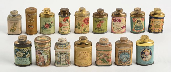 LARGE LOT OF MINIATURE TALCUM POWDER TINS