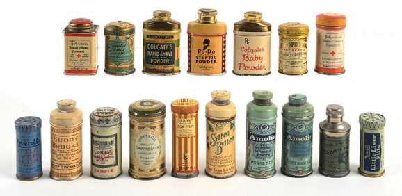 LARGE COLLECTION OF VARIOUS VINTAGE TOILETRY POWDER TINS