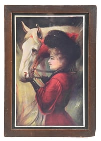 WOMAN IN RED DRESS WITH HORSE SIGN