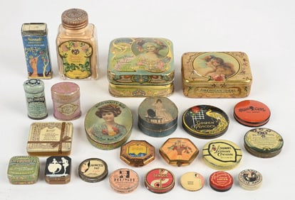 COLLECTION OF MAKE UP TINS & BOTTLE