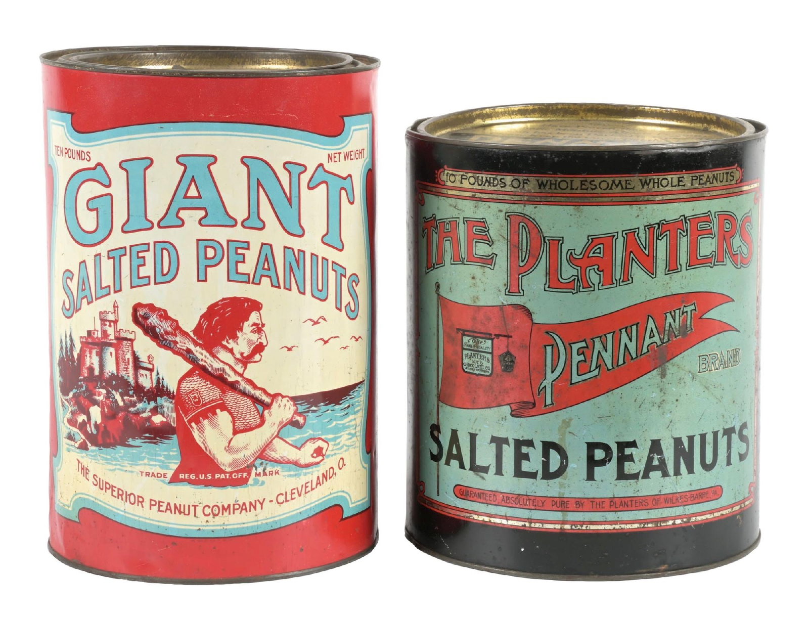 PAIR OF COUNTRY STORE PEANUT TINS: (A) Giant Salted Peanuts with a graphic of a giant on the front from the Superior Peanut Company out of Cleveland, Ohio. Light denting, good color and shine, light scuffs and scrapes, original lid. (8