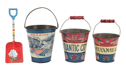 COLLECTION OF 4 SAND PAILS & SAND SHOVEL