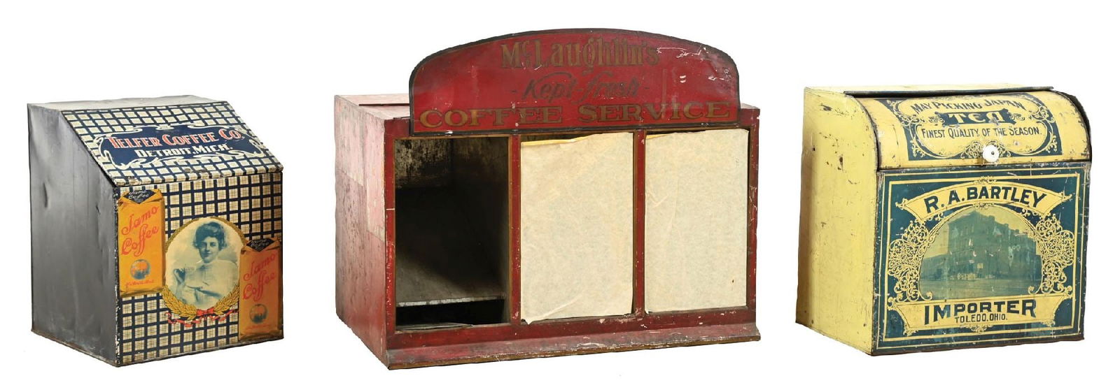 COLLECTION OF 3 EARLY COUNTRY STORE TEA BINS (1 of 4)