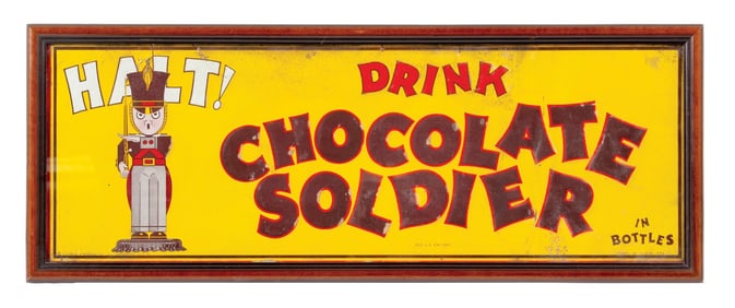 DRINK CHOCOLATE SOLDIER EMBOSSED TIN SIGN W/ SOLDIER GRAPHIC