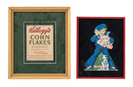 PAIR OF CARDSTOCK ADVERTISEMENT FOR KELLOGG'S CORNFLAKES & CRACKER JACK POPCORN