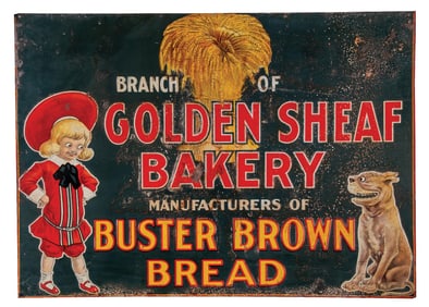 TIN EMBOSSED BUSTER BROWN BREAD SIGN