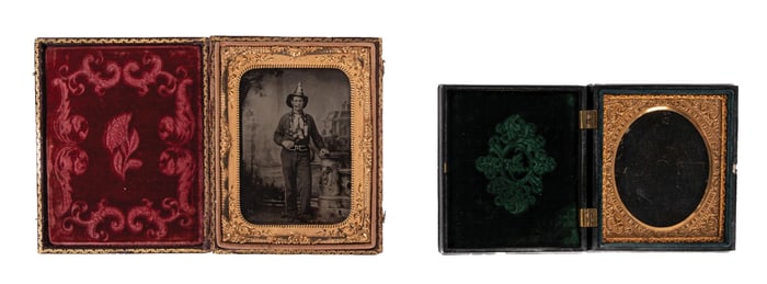 PAIR OF DAGUERREOTYPE BI-FOLD CASES DEPICTING EARLY FIREMEN & CIVAL WAR ERA TINTYPE OF A FIREFIGHTER