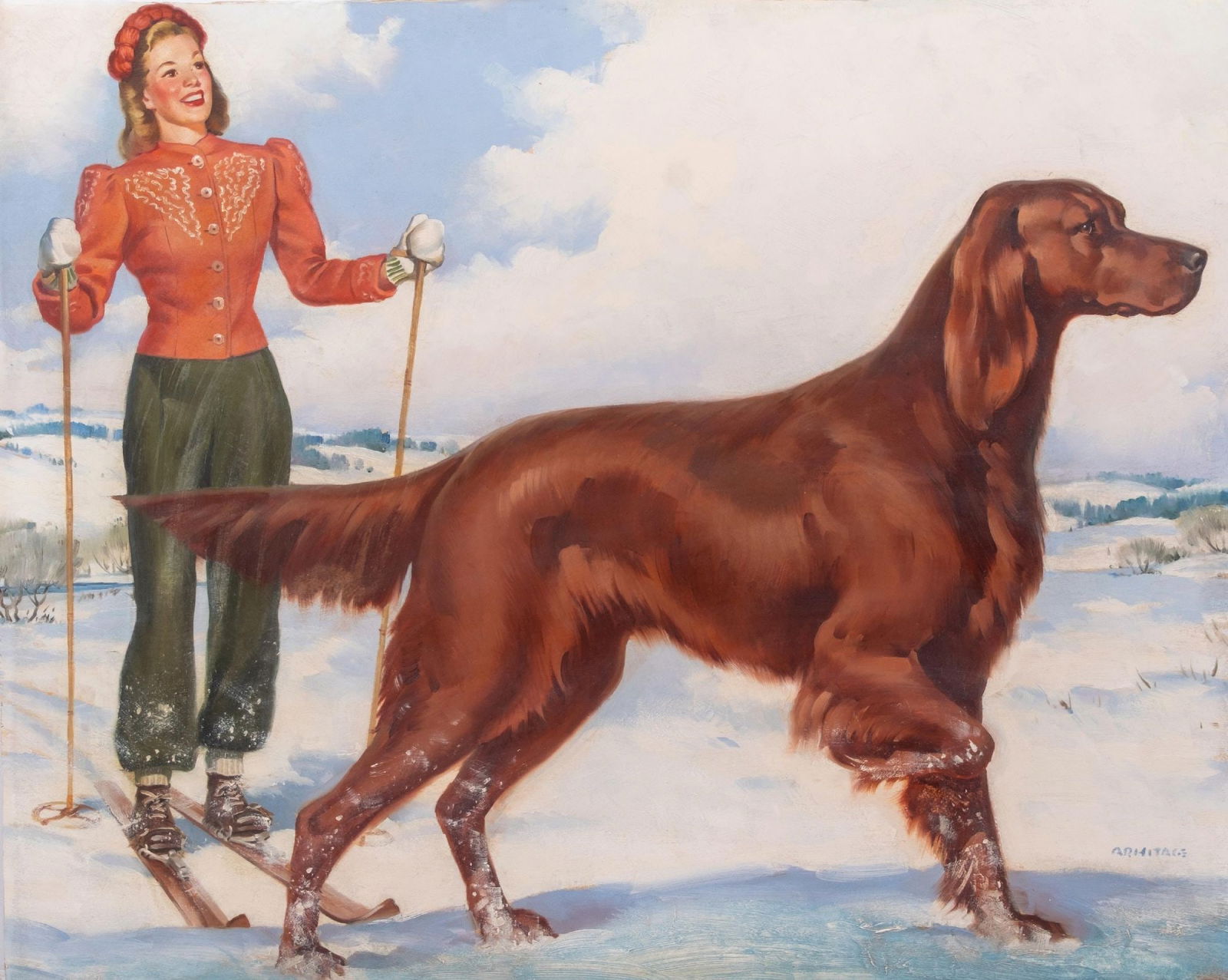ARNOLD ARMITAGE PINUP ILLUSTRATION ART OIL ON BOARD, SKIER & DOG (1 of 3)