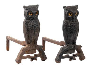 PAIR OF CAST IRON OWL ANDIRONS W/ GLASS EYES