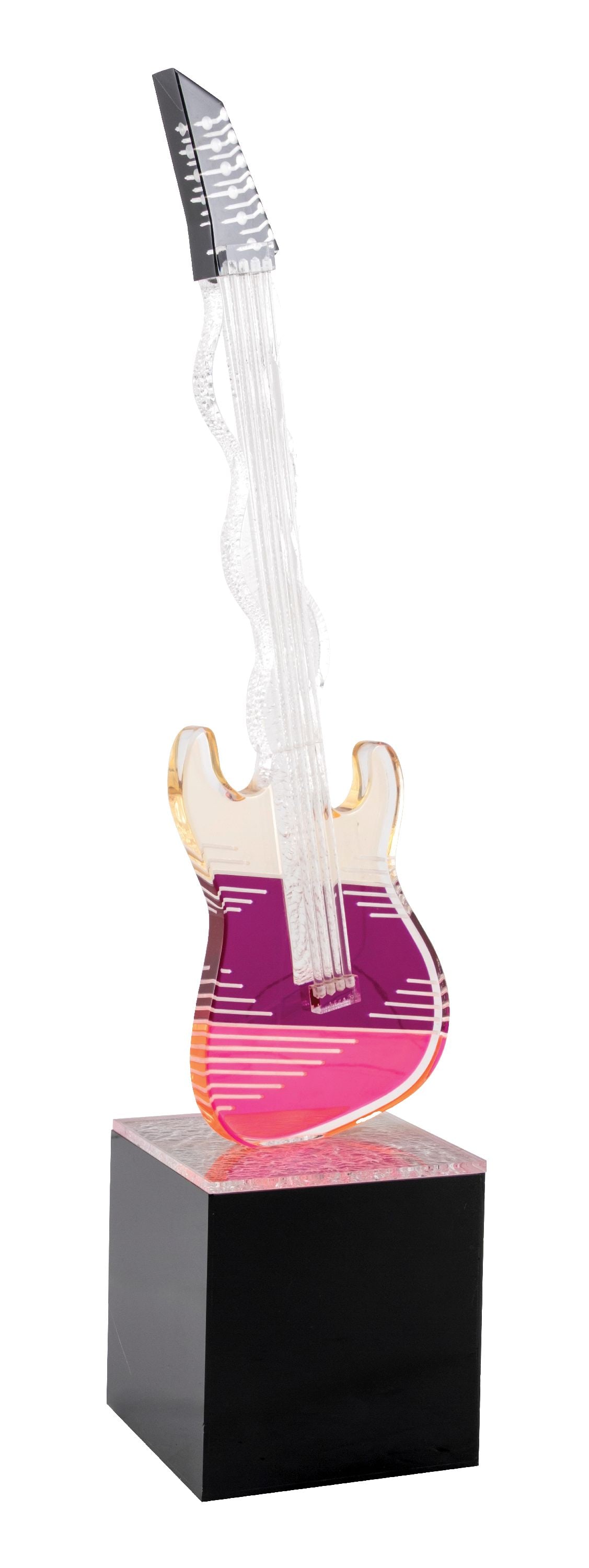 LIGHTED FIGURAL GUITAR DISPLAY: CONDITION: Complete and operational. A contemporary lighted display, showing light wear and some nicks, but overall an interesting display piece for the music enthusiast. This is not a standard shippa