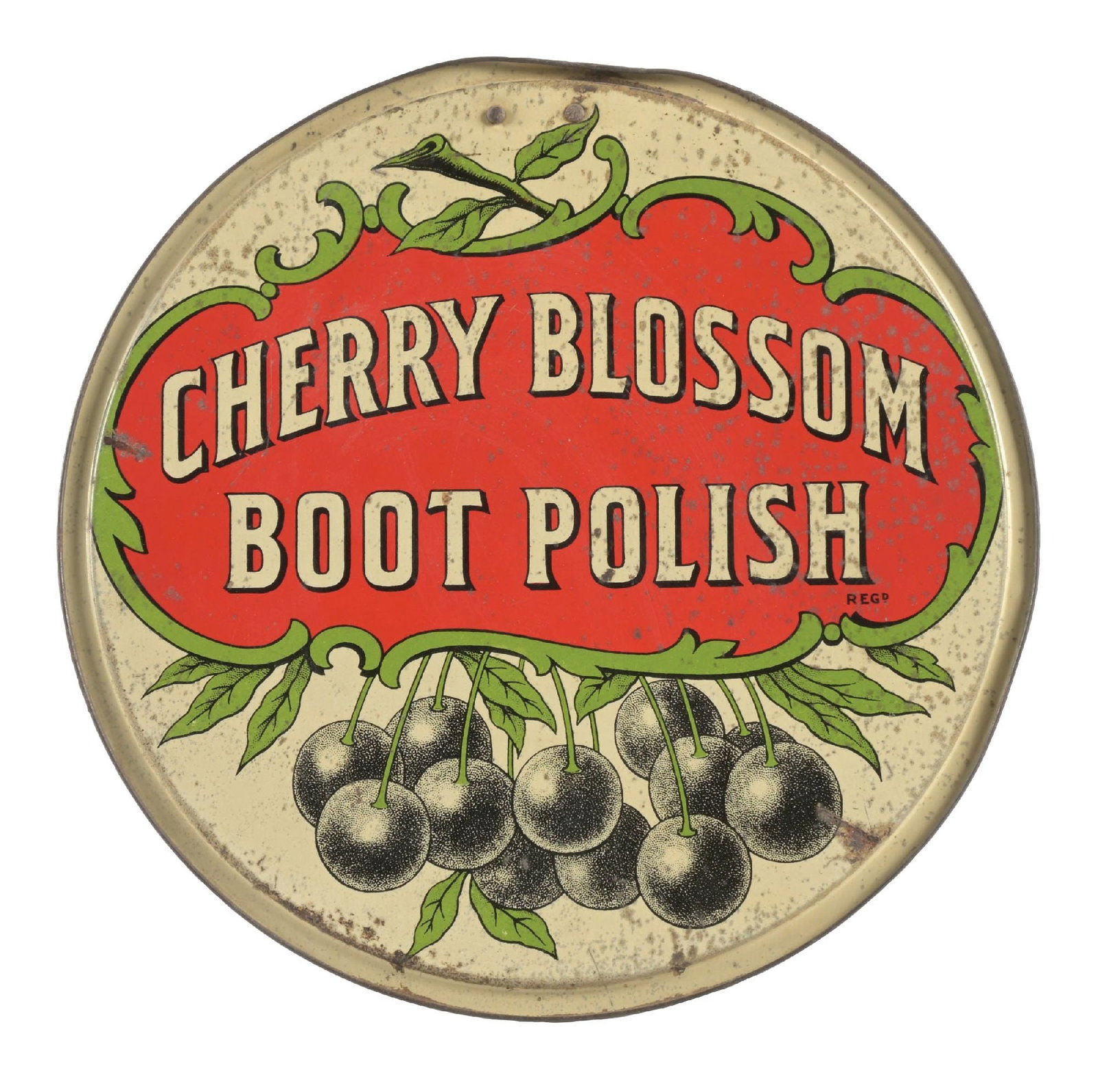 CHERRY BLOSSOM BOOT POLISH SIGN: SST. A nice example of this single-sided tin easel-back sign from Cherry Blossom Boot Polish. CONDITION: The field shows discoloration and staining, most noticeably in the white lettering and white se