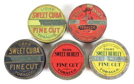 COLLECTION OF 5 PANCAKE-STYLE TOBACCO TINS