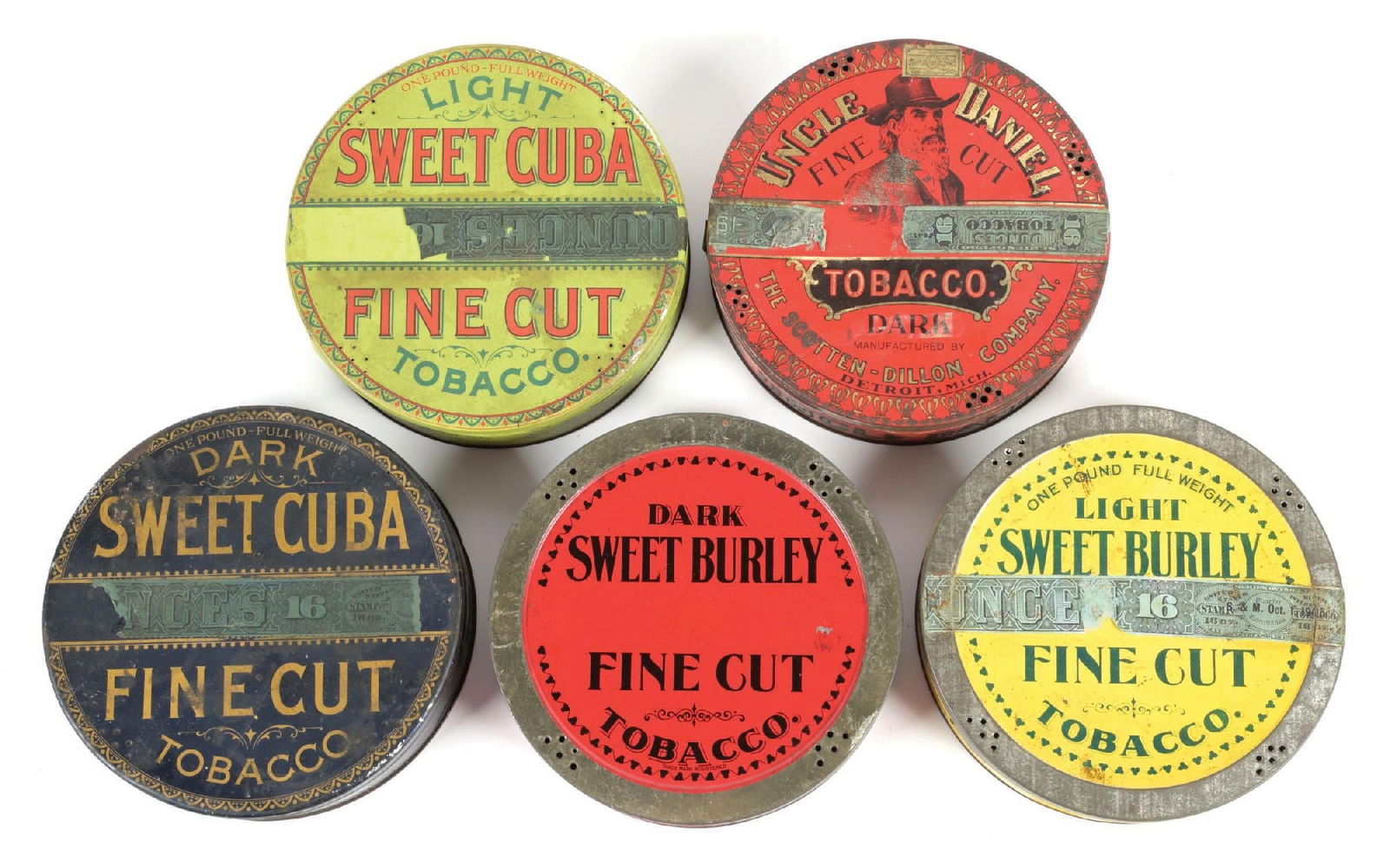 COLLECTION OF 5 PANCAKE-STYLE TOBACCO TINS: CONDITION: (A) Sweet Cuba Fine Cut Tobacco in green tin, with partial tax stamp. Good color and shine, with light scuffs, scrapes, and denting. (B) Uncle Daniel Tobacco tin with holes drilled in the t