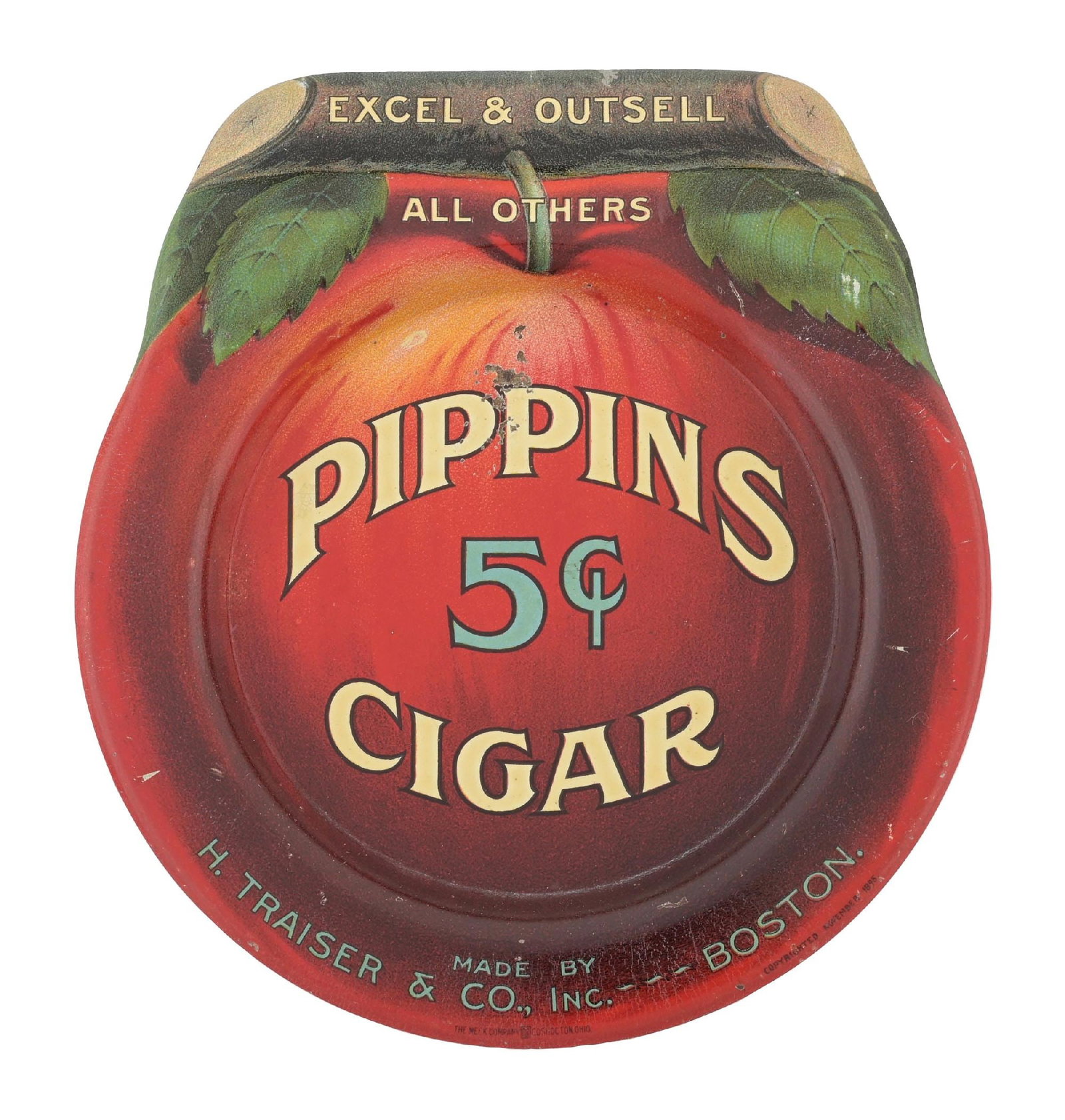 PIPPIN 5¢ CIGAR ASHTRAY: A nice example of this c. 1920s to 1930s tin ashtray from Pippin Cigars. CONDITION: The field shows a small area of paint loss seen between the "PP" in "Pippin." The outer edges show light wear, but n