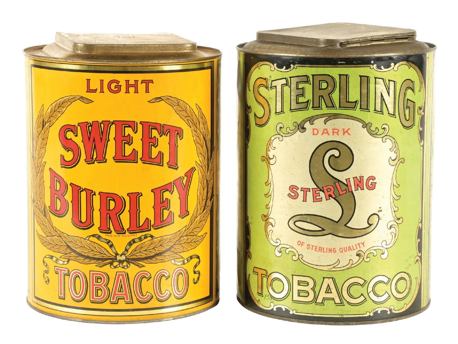 PAIR OF TOBACCO TINS: CONDITION: (A) Sweet Burley tobacco showing light scratches, great color and shine, with original lid and no dents. (B) Sterling tobacco, showing light dents to the side, some surface scratches and ox