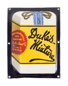 DUKES TOBACCO MIXTURE PORCELAIN SIGN W/ TOBACCO PACK GRAPHIC