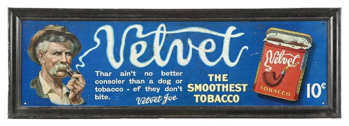 SELF-FRAMED TIN VELVET TOBACCO SIGN