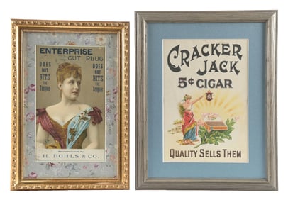 COLLECTION OF 2 ENTERPRISE CUT PLUG TOBACCO & CRACKERJACK 5¢ CIGAR SIGNS