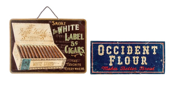 PAIR OF WHITE LABEL CIGAR AND OCCIDENT FLOWER EMOBBED TIN SIGN