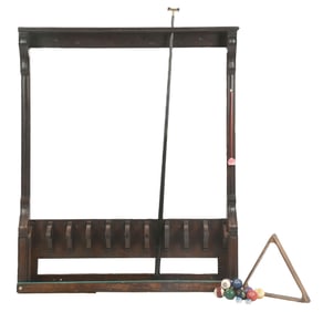 THE BRUNSWICK BALKE-COLLENDER CO. POOL RACK W/ ACCESSORIES