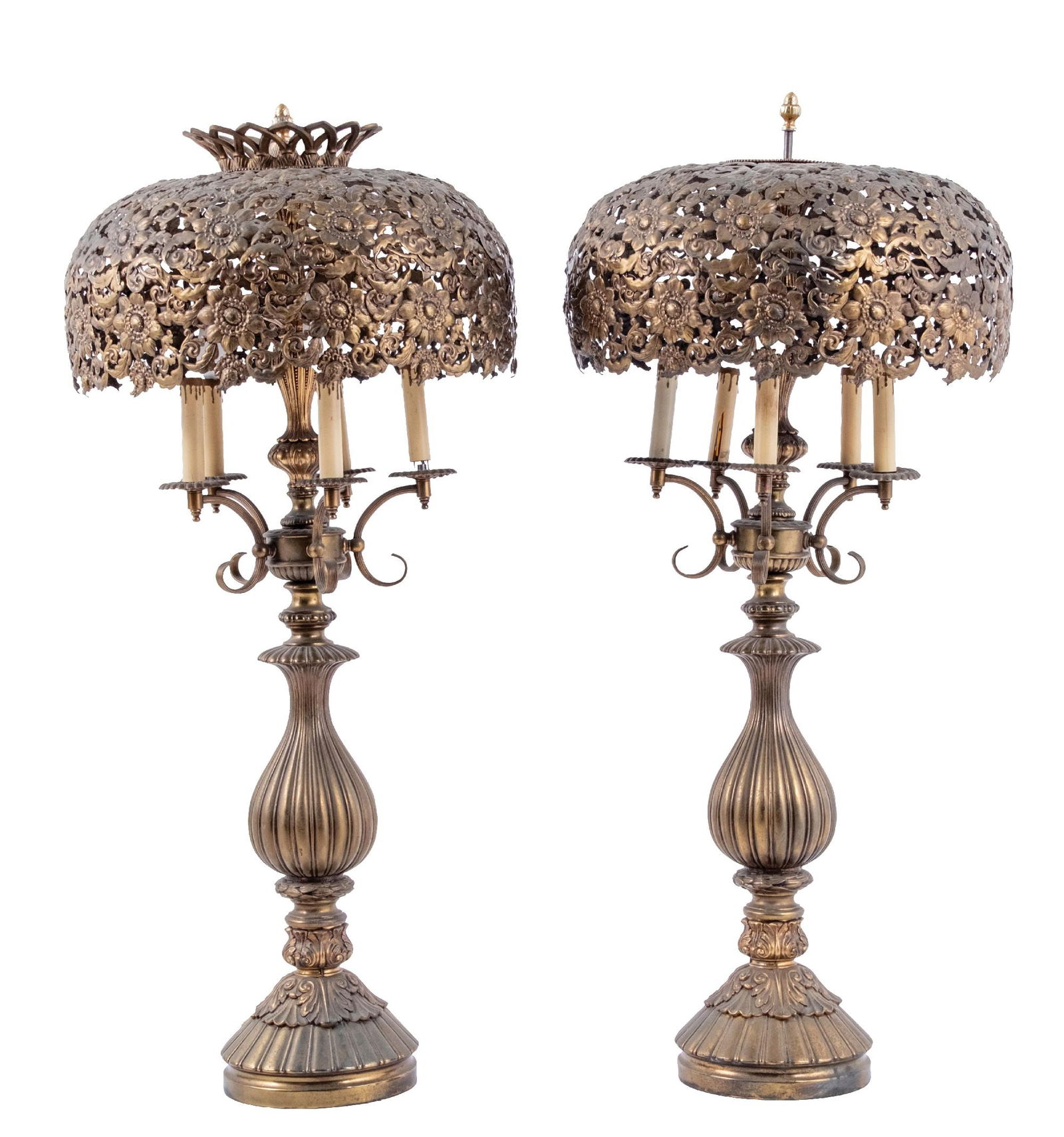PAIR OF BRONZE GILDED DECORATIVE LAMPS: CONDITION: Showing aged patina with four candle lights. Original brass gilded shades, one with decorative crown, and the second missing the crown. There is light wear from age and use. This is not a s