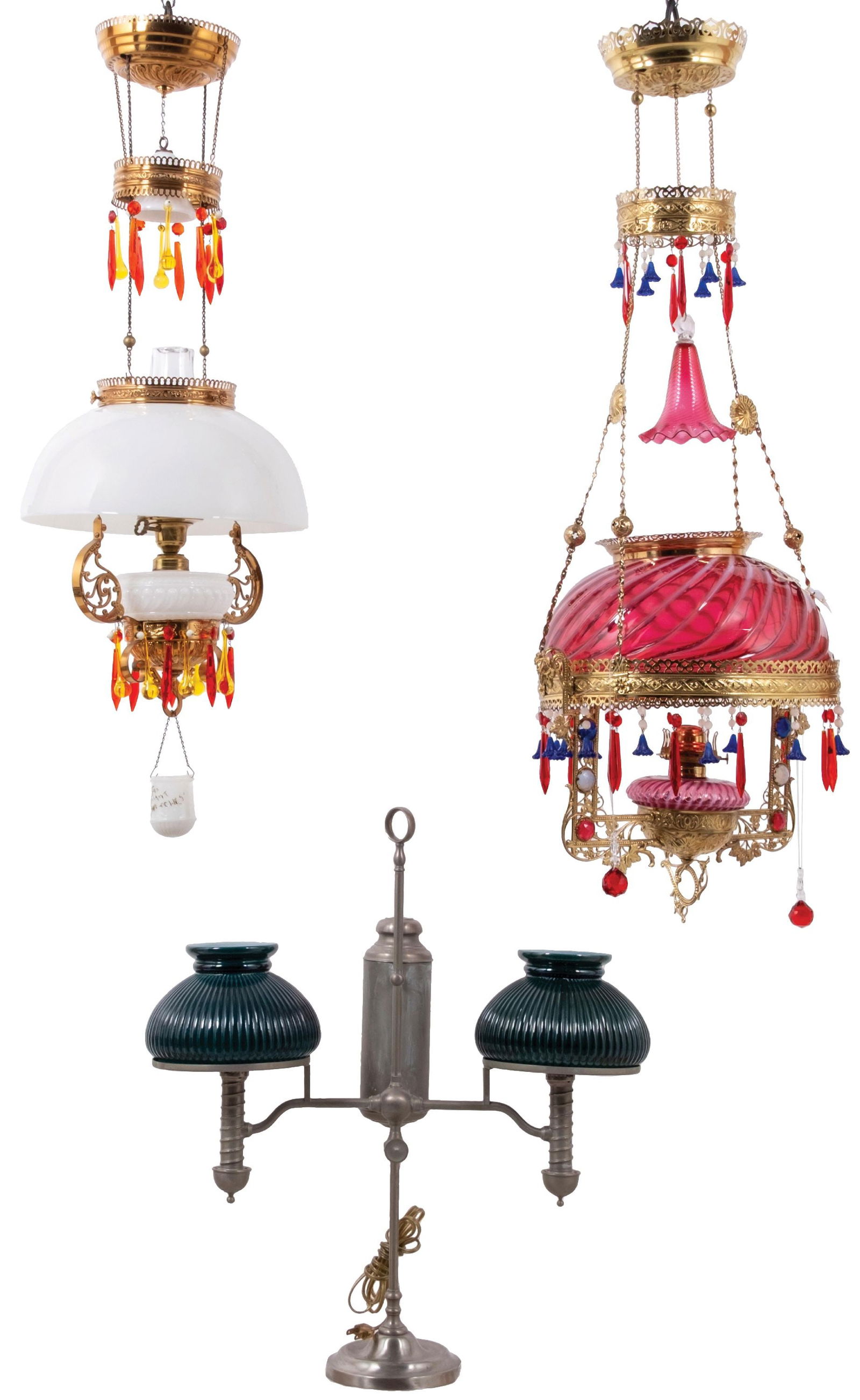 COLLECTION OF 3 VICTORIAN OIL LAMPS: C: 1900. CONDITION: Showing three complete lamps. CONDITION: (A) Student lamp with green shades. Light wear with new cord. (B) Hanging oil lamp with colored crystals. No breaks or repairs, complete. (