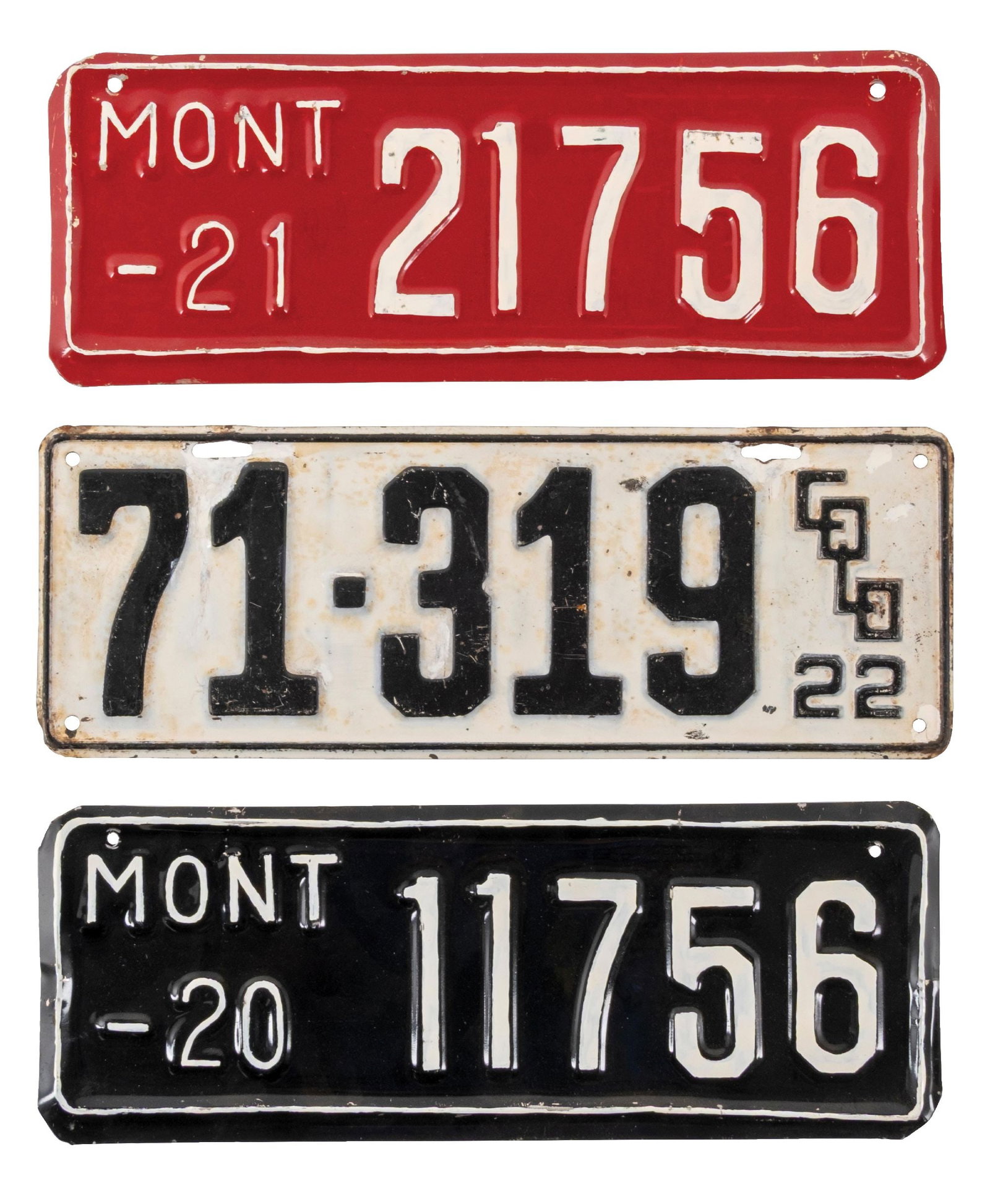 COLLECTION OF 3 MONTANA LICENSE PLATES, 1920-1922: CONDITION: Showing issued colors for 1920 through 1922 in various conditions, showing some areas of paint loss, some areas of added paint, and some oxidation and bends. Condition: (7.5 - 8.0). Dimensi