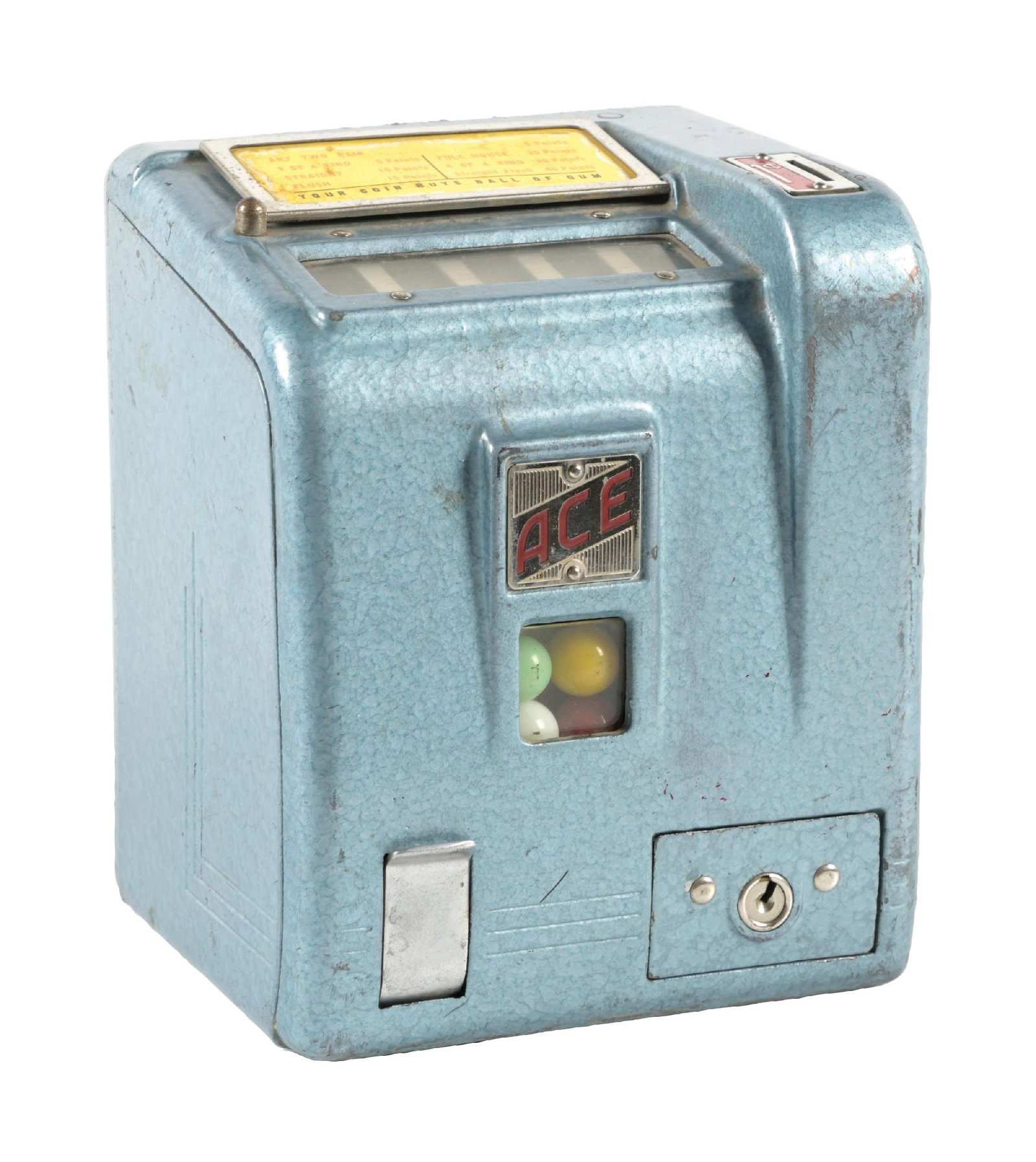 ACE COUNTERTOP TRADE STIMULATOR: C. 1930. CONDITION: It shows original blue hammertone paint, award card, reel strips, reel strip flap and working gumball mechanism. Condition: (Very Good). Dimensions: 6" x 4 - 1/2" x 6 - 1/2".