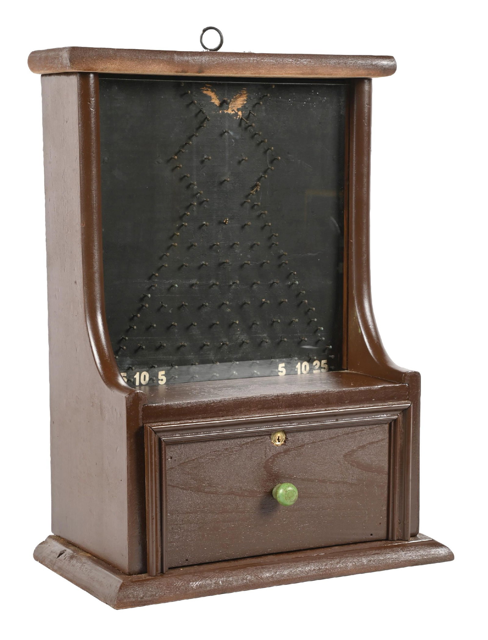 COUNTERTOP PENNY DROP TRADE STIMLATOR: C. 1920. CONDITION: A classic penny drop trade stimulator with a raised playfield, where the customer would drop the coin in the top, and make its way through the playfield to determine how many cigar