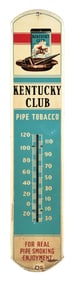 KENTUCKY CLUB PIPE TOBACCO PAINTED METAL THERMOMETER W/ TOBACCO TIN & PIPE GRAPHIC