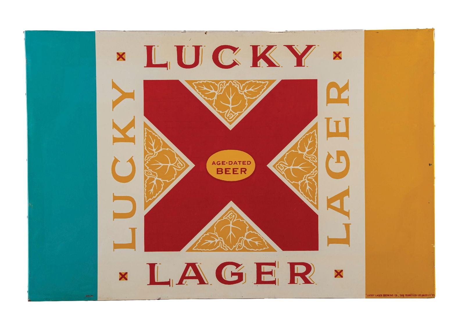 LUCKY LAGER AGE-DATED BEER TIN SIGN W/ ORIGINAL WOOD BACKING