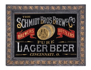 BEAUTIFUL FRAMED REVERSE GLASS SIGN ADVERTISING THE SCHMIDT BROTHERS BREWING COMPANY